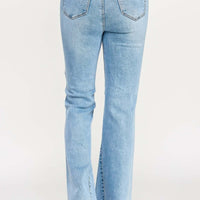 High Rise Flare With Seam Detail - Back view of high rise flare jeans with seam details and flared hem.