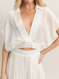 Collared Wrap Top & Wide-leg Pants Set featuring a lightweight white cropped wrap top with a structured collar