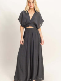 Collared Wrap Top & Wide-leg Pants Set - Elegant black set featuring a cropped wrap top and flowing wide-leg pants.