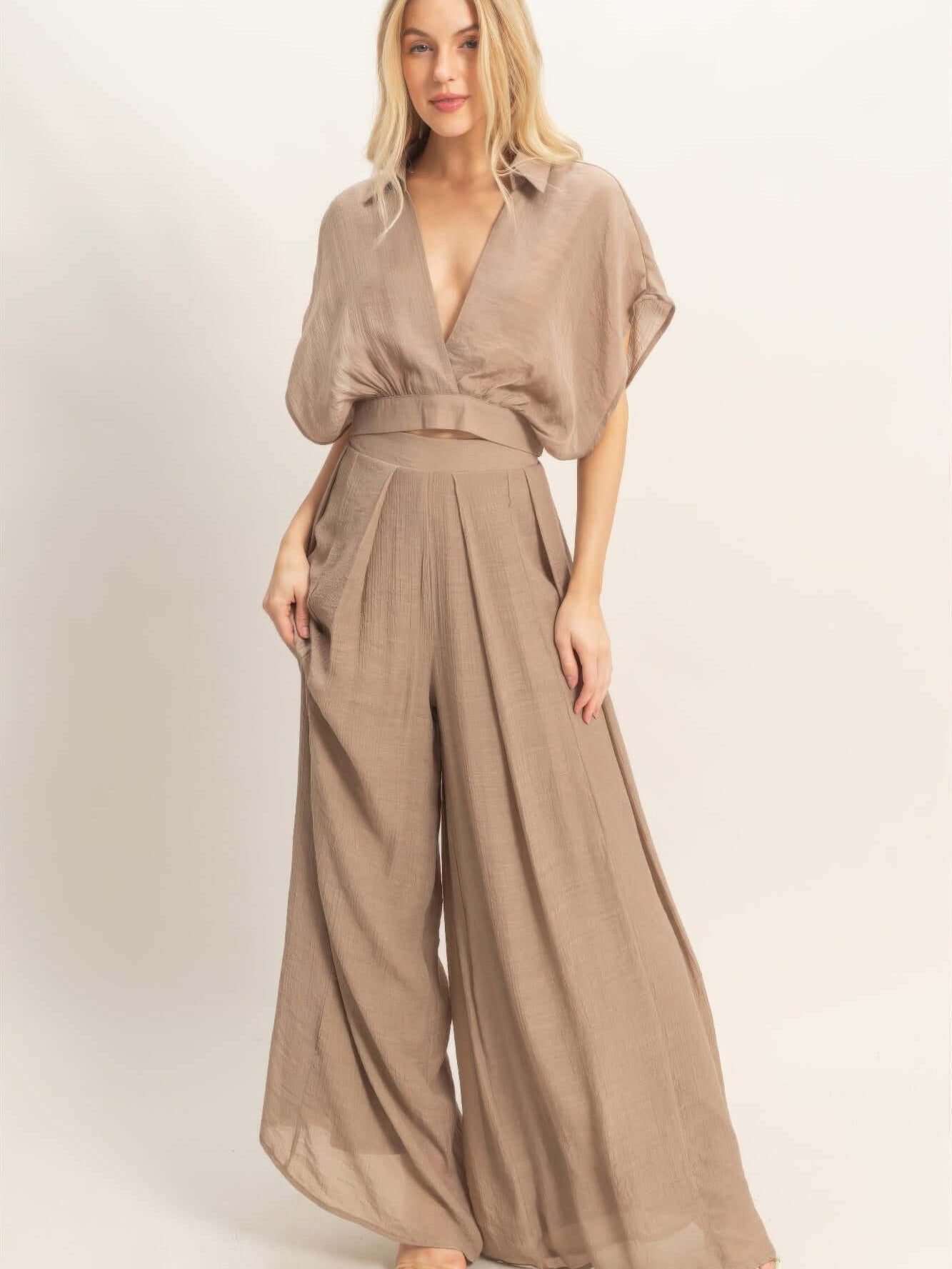Collared Wrap Top & Wide-leg Pants Set worn by a model, showcasing a stylish beige outfit for sophisticated looks.