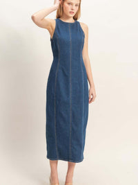 Sleeveless Denim Midi Dress modeled by a woman, showcasing clean lines and a comfortable stretch-blend fabric.