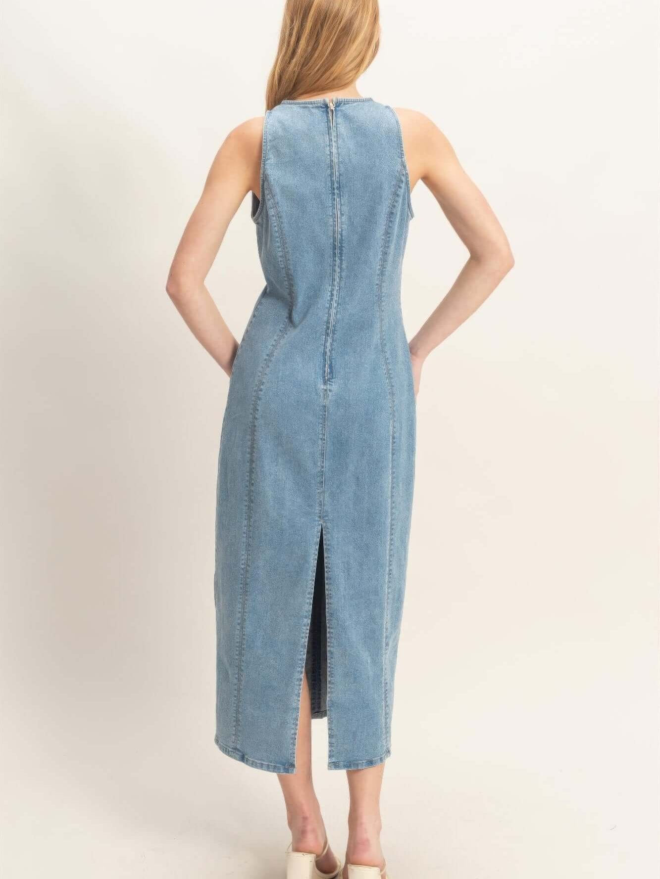Sleeveless Denim Midi Dress showing back view with a sleek design and side slit.