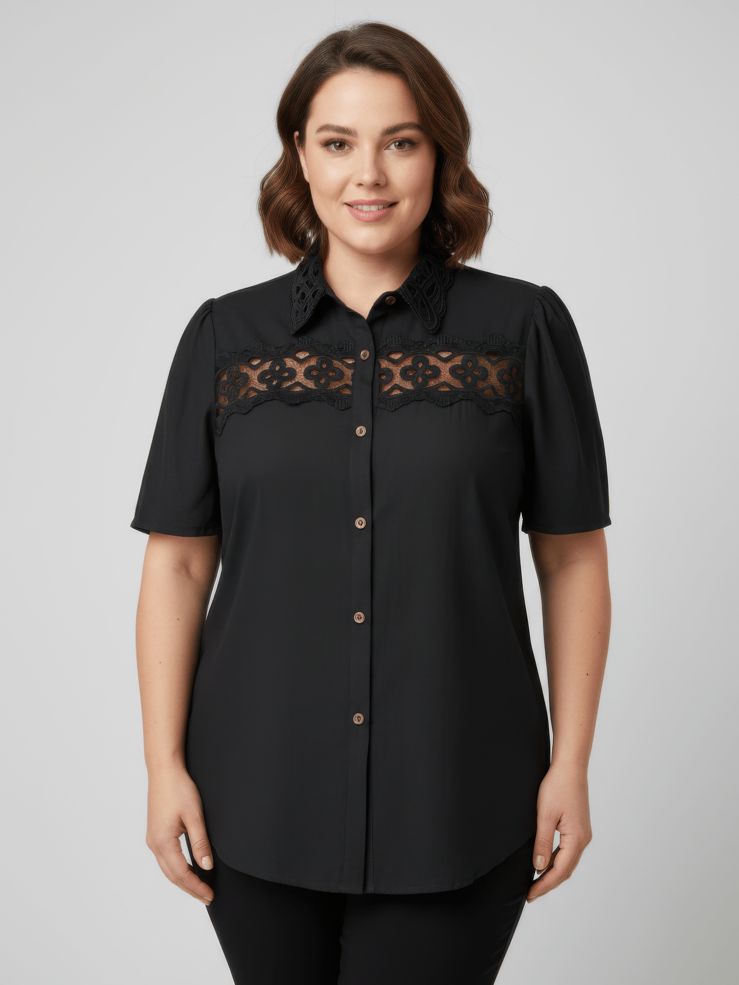 The Inez Lace Panel Collared Blouse - black button-front blouse with lace panel and classic collar in sizes L to 2XL.