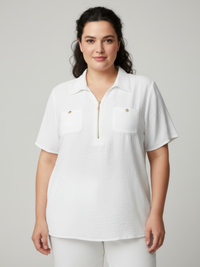 White knit utility top with collared zip-front, chest pockets, short sleeves
