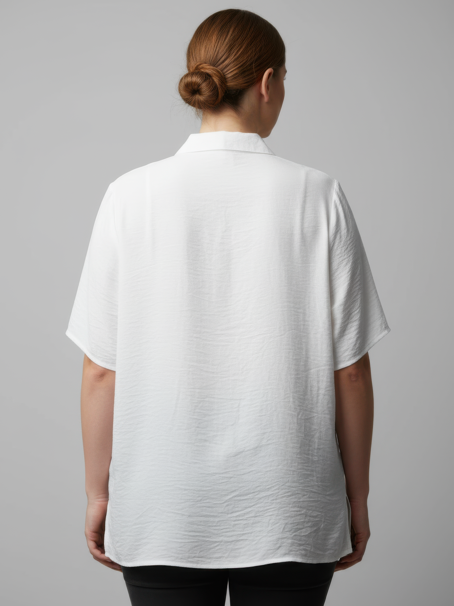 White knit utility top with stand collar and short sleeves, back view