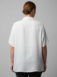White knit utility top with stand collar and short sleeves, back view