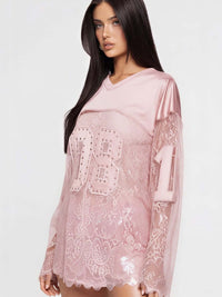 08 Long Sleeve Jersey Top in pink with lace detailing and rhinestone accents, featuring bold '08' graphic.