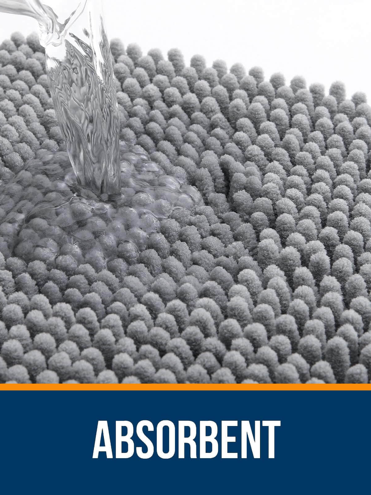 Water being poured on OLANLY's grey absorbent bath rug, showcasing its plush and quick-drying chenille fabric.
