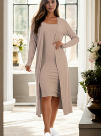 Ribbed Cardigan and Cami Dress Set featuring a model in a stylish rib knit outfit, perfect for any occasion.