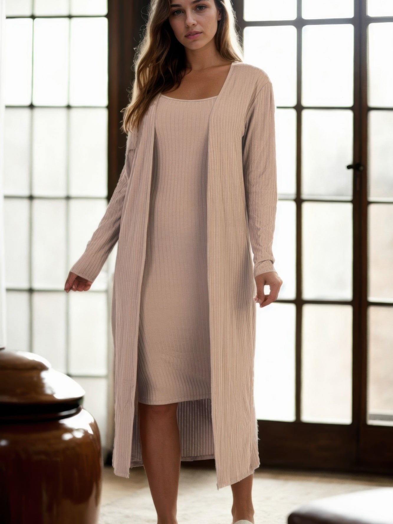 Ribbed Cardigan and Cami Dress Set worn by a model in a stylish indoor setting.