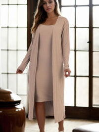 Ribbed Cardigan and Cami Dress Set worn by a model in a stylish indoor setting.