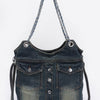 Washed Denim Double Pockets Tote Bag