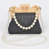 Faux Straw Wood Frame Clutch W/ Faux Pearl Chain