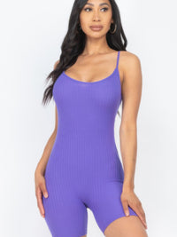 Ribbed Bodycon Romper in purple color with spaghetti straps and mini biker short cut, designed for style and movement.