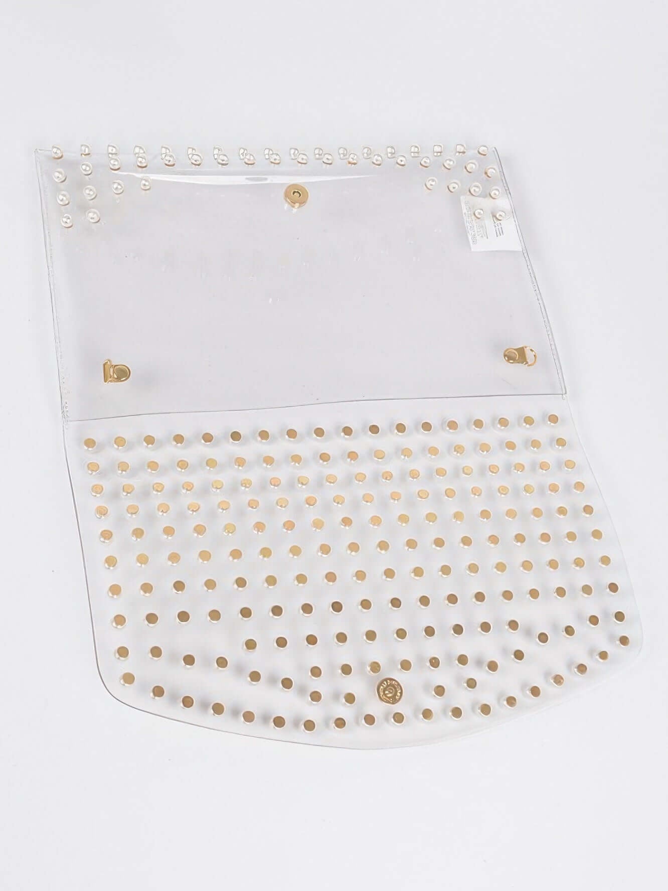 Faux Pearl Studded Transparent Envelope Clutch showcasing clear body with faux pearl accents and gold studs.