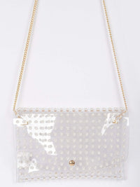 Faux Pearl Studded Transparent Envelope Clutch with faux pearls and gold chain strap