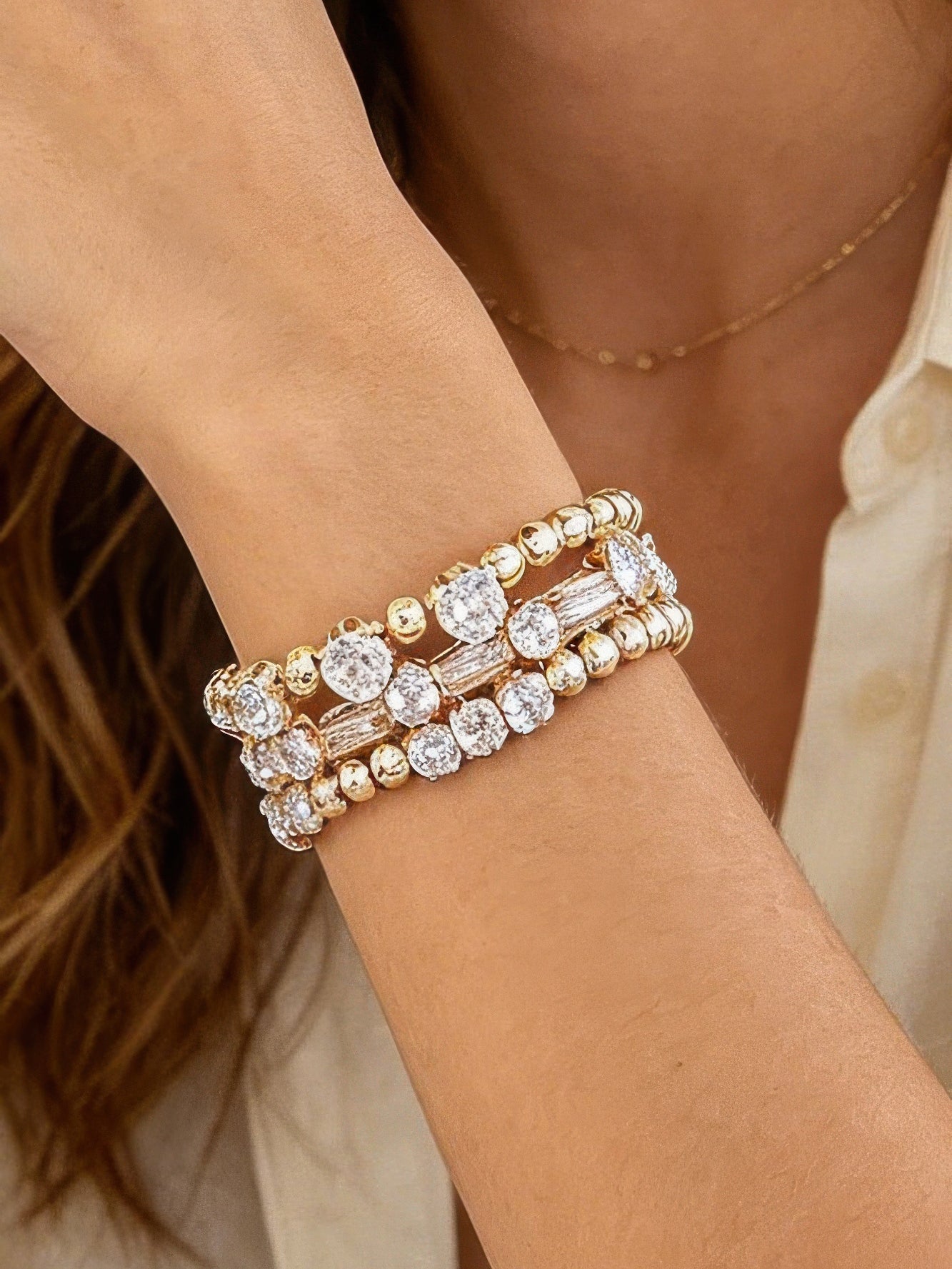 The Ines Rhinestone Bracelet – layered rhinestone and bead bracelet with intertwined strands
