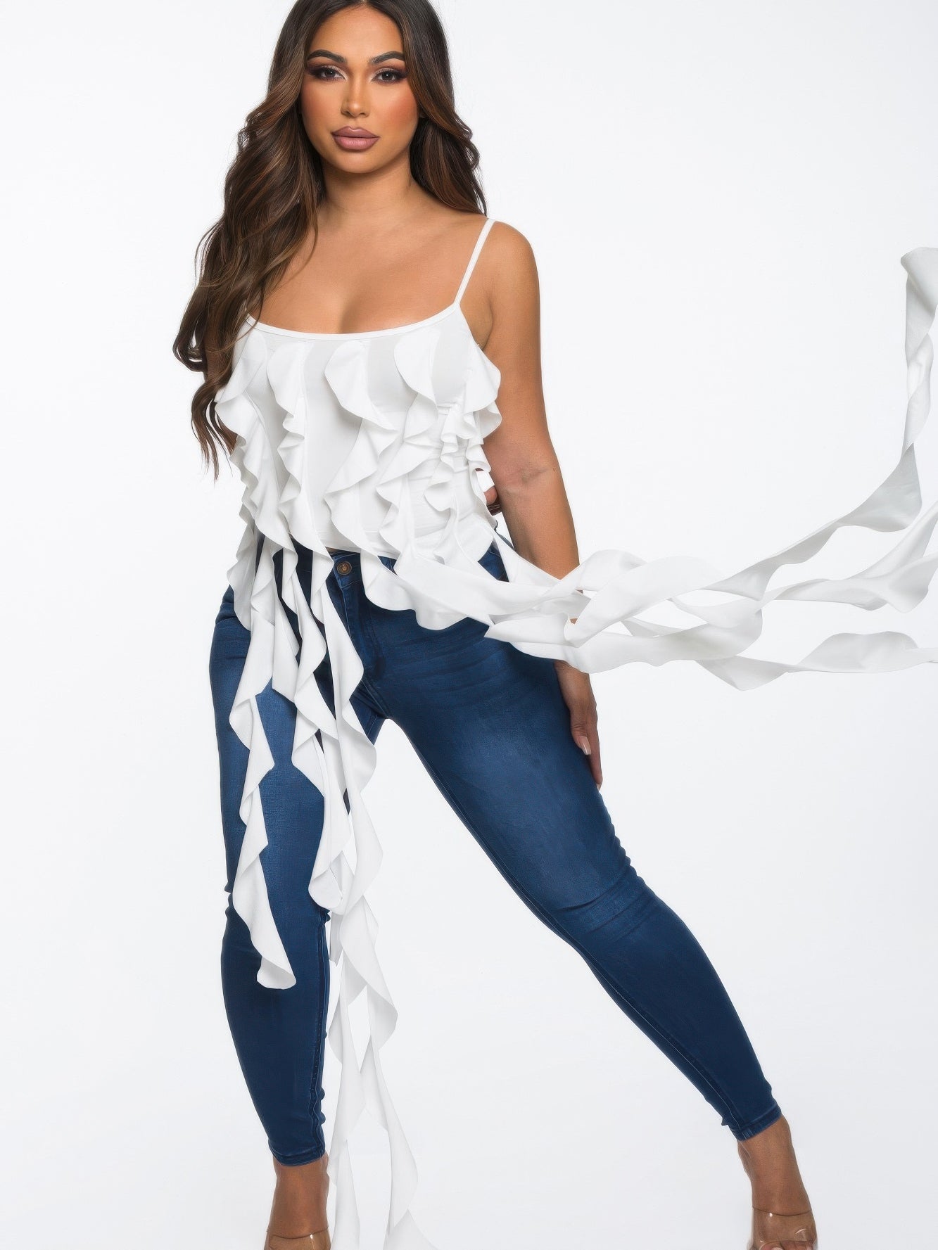 The Lark Ruffle Cami Crop Top in white, styled view