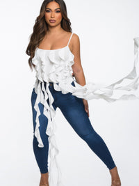 The Lark Ruffle Cami Crop Top in white, styled view