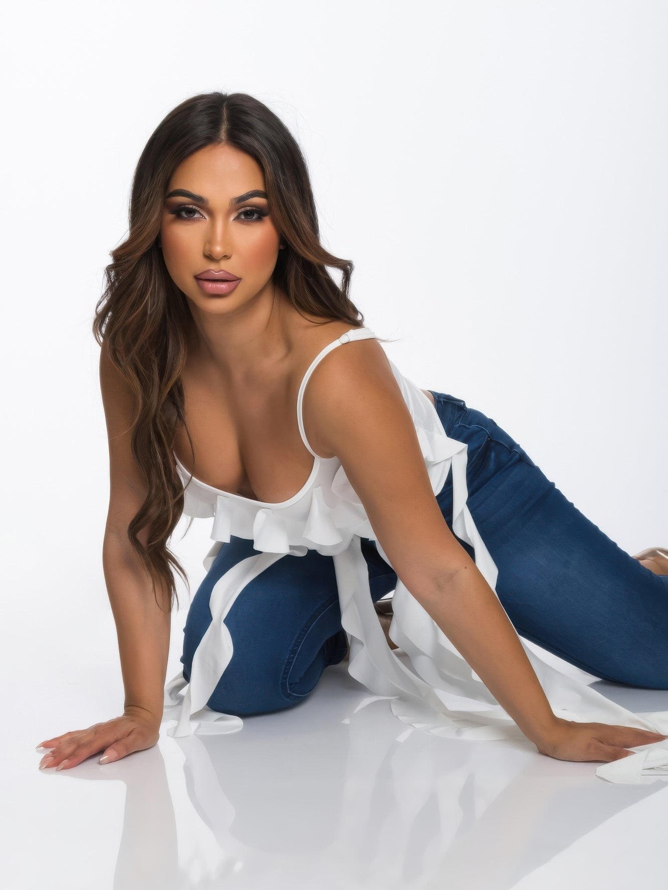 The Lark Ruffle Cami Crop Top in white, back view