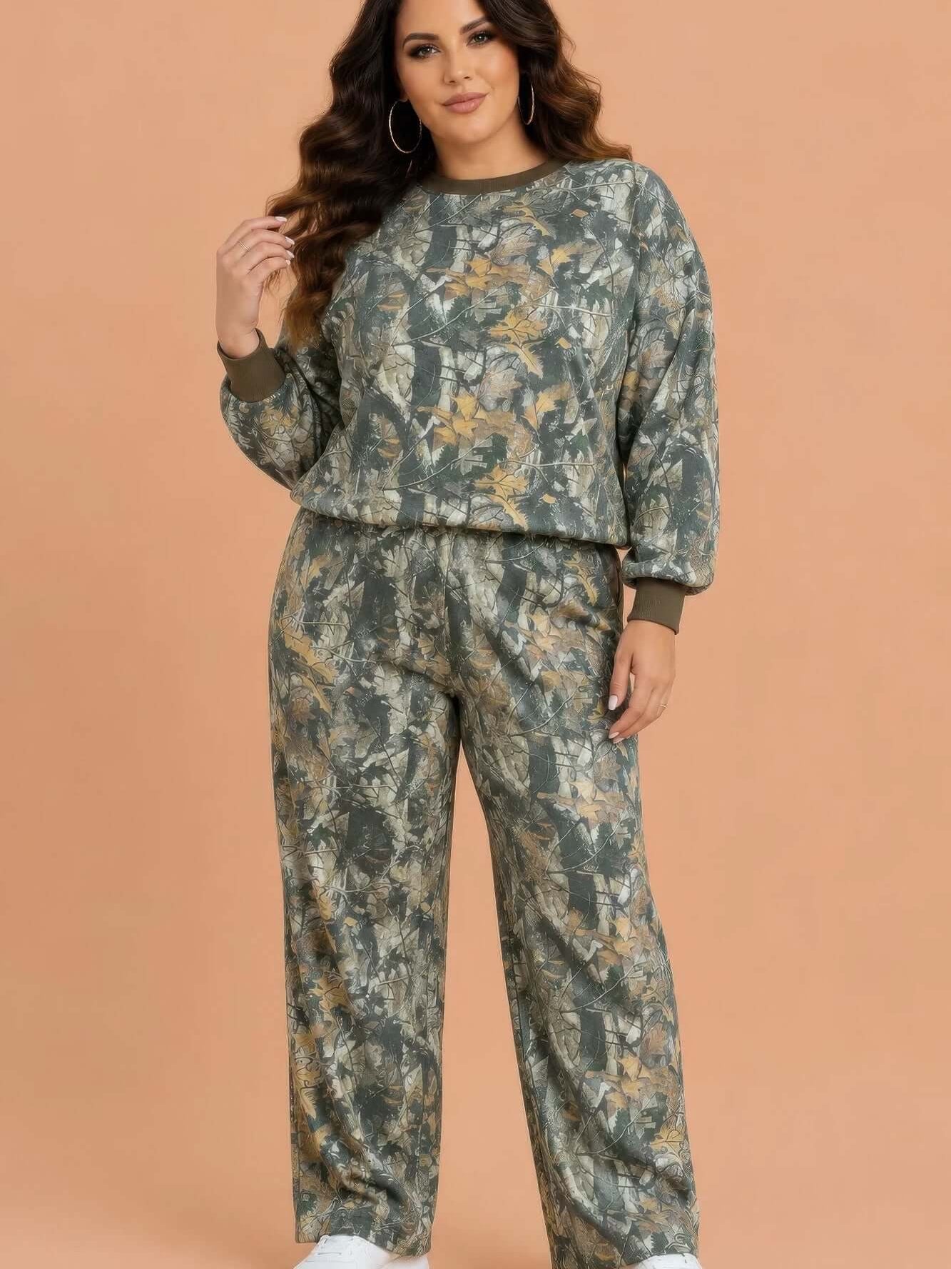 The Camo Lounge Set, Plus Size model wearing relaxed camo top and matching pants in brown, perfect for lounging and errands.