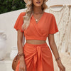 Two Pieces V Neck Ruffle Crop Shirt And Wrap Sets