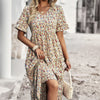Boho Floral Ruffle Hem V Neck Short Sleeve Dress