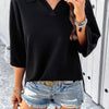 Solid Notched Collar V Neck Knit Short Sleeve Sweater