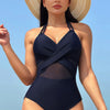 Color Block Halter Cross Lace One Piece Swimsuit