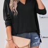 Solid Drop Shoulder V Neck Split Long Sleeve Blouse