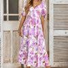 Floral Paint Short Sleeve Tie Cuff Surplice Dress