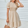 Solid Puff Sleeve Shirred Detail Ruffle Hem Dress