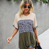 Crew Neck Color Block Animal Print Top