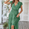Floral V Neck Ruffle Short Sleeve High Waist Dress