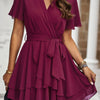 Chiffon Layer Hem Waist Tie Layer Hem Ruffle Dress