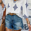 Printed T Shirt V Neck Loose Puff Sleeves Shirts
