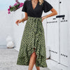 Cross Color Block Lace V Neck Belt Print Dress