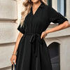 Solid V Neck Waist Tie Belt A Line Dress
