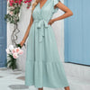 Solid Dot V Neck Lace Ruffle Belt Long Dress