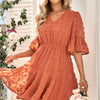 Solid Swiss Dot Flare Sleeve V Neck Dress