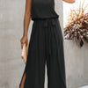 V Neck Suspenders Wide Leg Side Slit Jumpsuit
