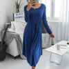 Solid Round Neck Long Sleeve Drawstring Dress