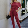 Solid Slant Shoulder Short Sleeve Jumpsuit