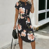 Notched Neck Floral Print Belted Fit Dress