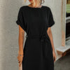 Solid Round Neck Tie Waist Belt Fit Dress