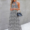 Animal Print Backless Halter Flowing Maxi Dress