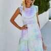 Crew Neck Tie Dye Ruffle Short Dress