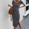 Tied Short Sleeve Scoop Neck Fit Shirt Dress