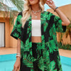 Two Pieces Tropical Print Kimono Elastic Waist Set