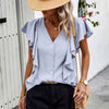 Solid Button Ruffle V Neck Fit Blouse